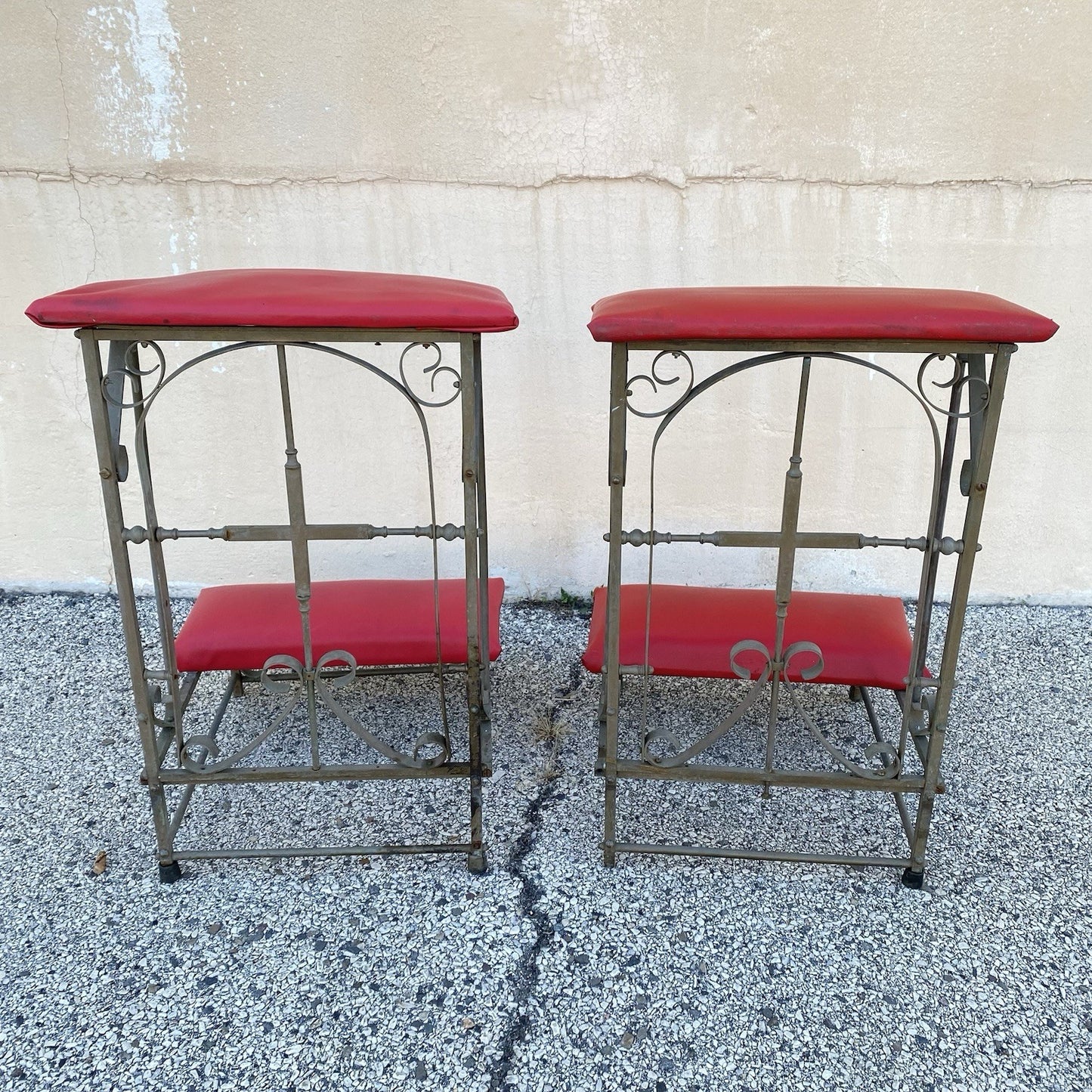 Antique Spanish Gothic Wrought Iron Kneeler Prie Dieu Prayer Benches - a Pair