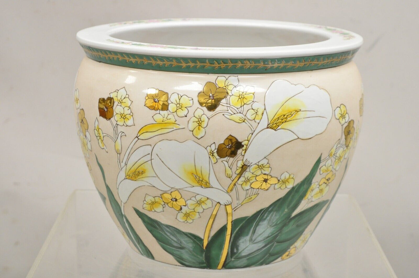 Vintage Chinese Ceramic Jardiniere Cachepot Planter Pot with Fish & Lilies