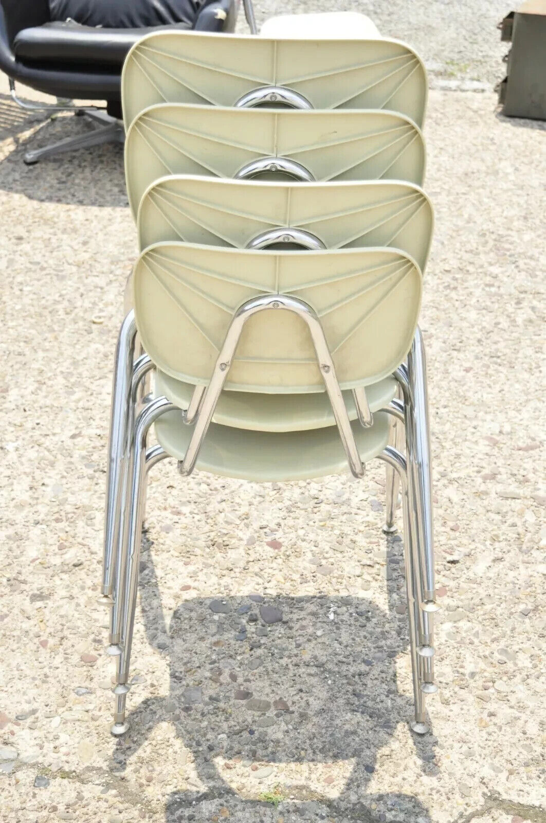 Vintage Molded Plastic Chrome Metal Base Stacking School Side Chairs - Set of 4