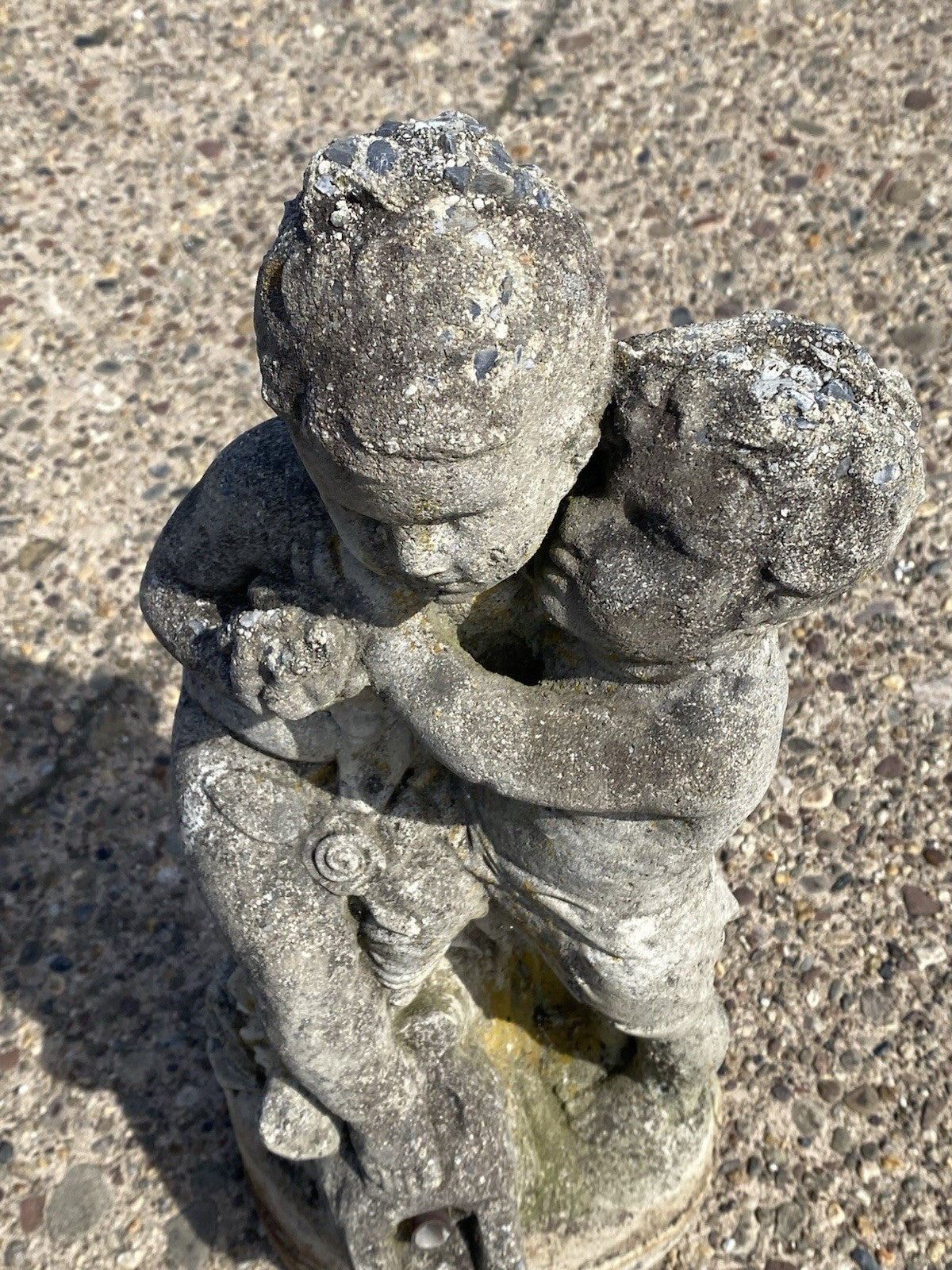 French Neoclassical Small Concrete Figural Cherub Garden Statue Water Fountain