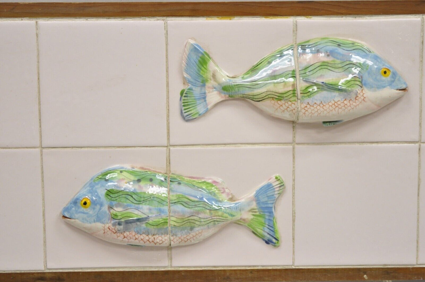 Vintage Mid Century Modern Glazed Ceramic Tile Framed Blue Green Fish Wall Art