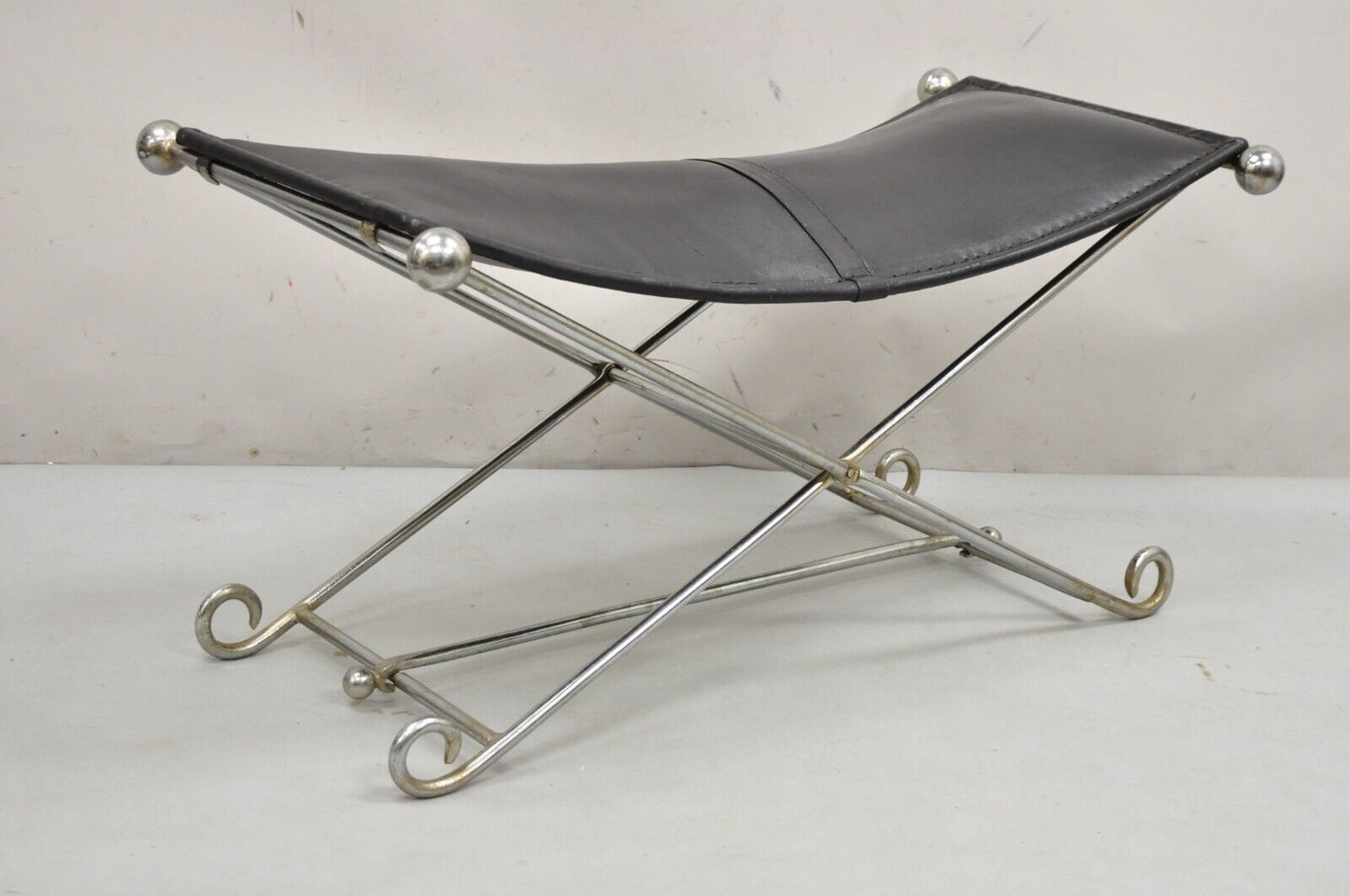 Modern Regency Style Folding Iron Metal Bench w/ Black Saddle Leather Seat