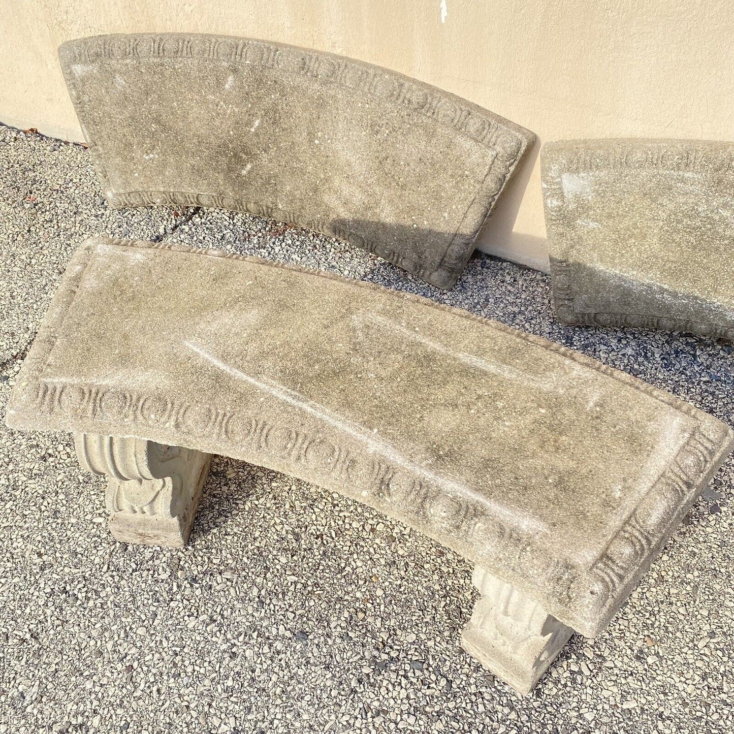 Vintage Classical Style Cast Stone Double Pedestal Curved Garden Bench Seat