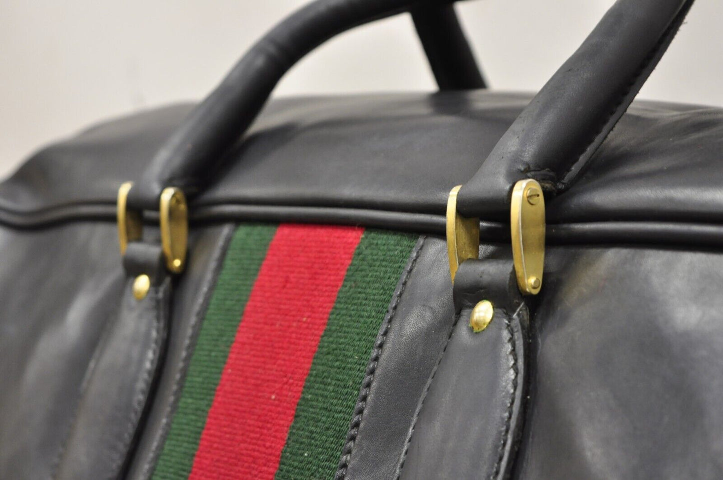 Vintage Gucci Large Black Leather Suitcase Luggage Travel Bag Green Red Webbing