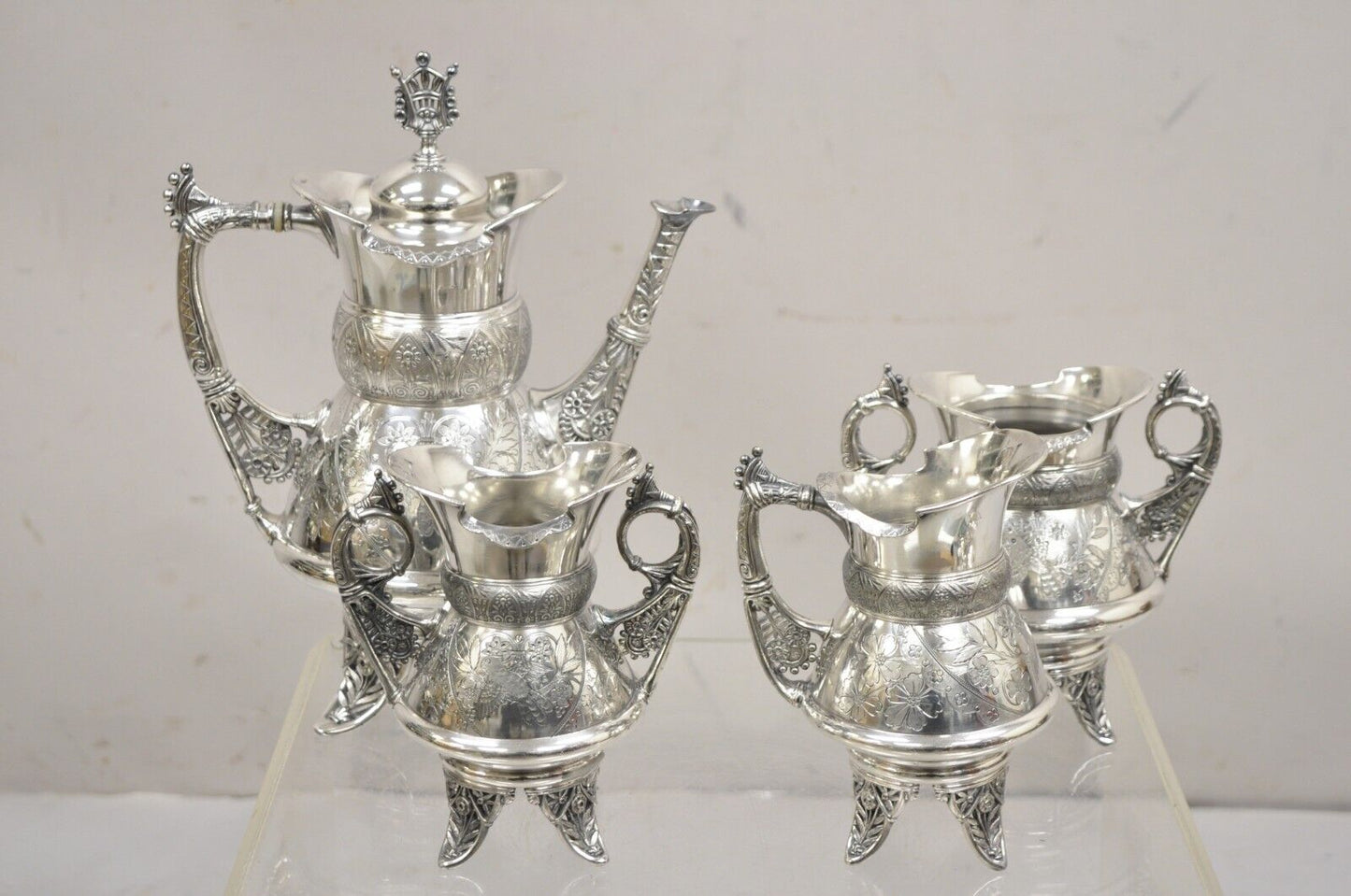 Antique Simpson Hall Miller 2076 Bird Engraved Silver Plated 4 Pc Tea Set