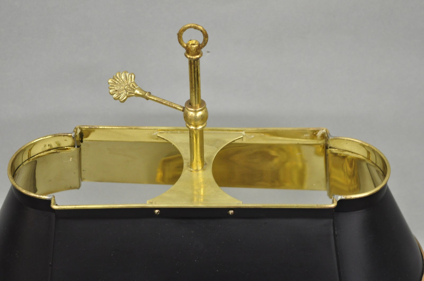 Vintage French Empire Style Brass Candlestick Bouillotte Desk Lamp w/ Tole Shade