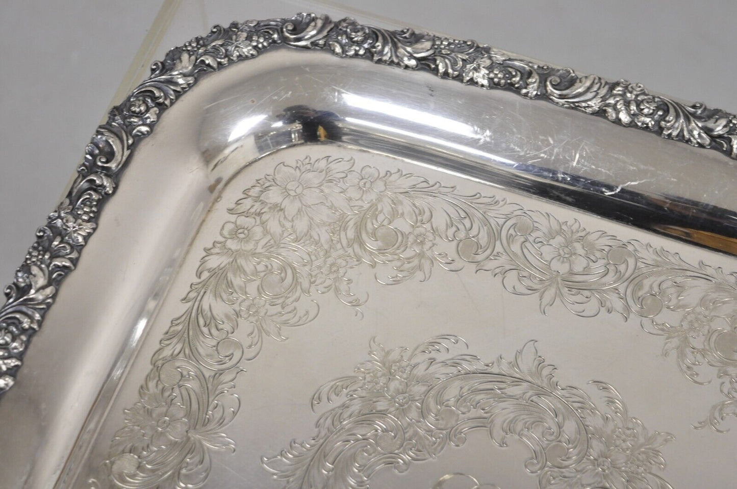 Vintage English Victorian Sliver Plated 15" Square Platter Tray With Monogram