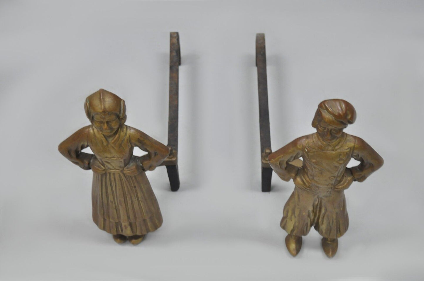 Antique Sheffield Dutch Boy and Girl Bronze & Cast Iron Fireplace Andiron - Pair