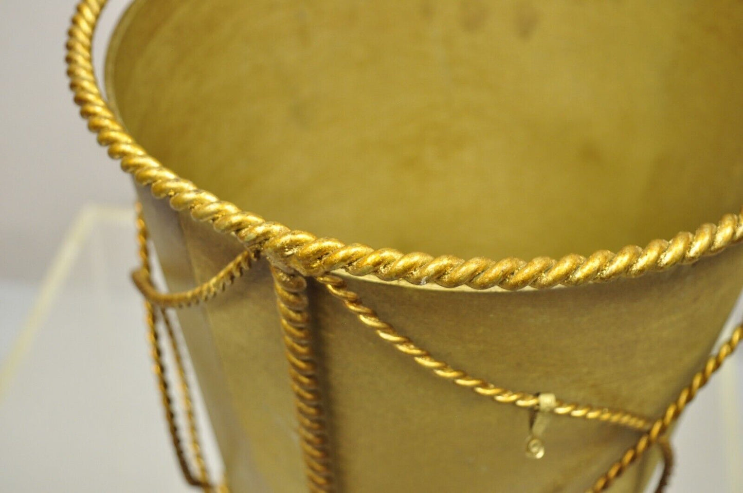 NOS Italian Gold Gilt Iron Hollywood Regency Wastebasket Trashcan with Liner
