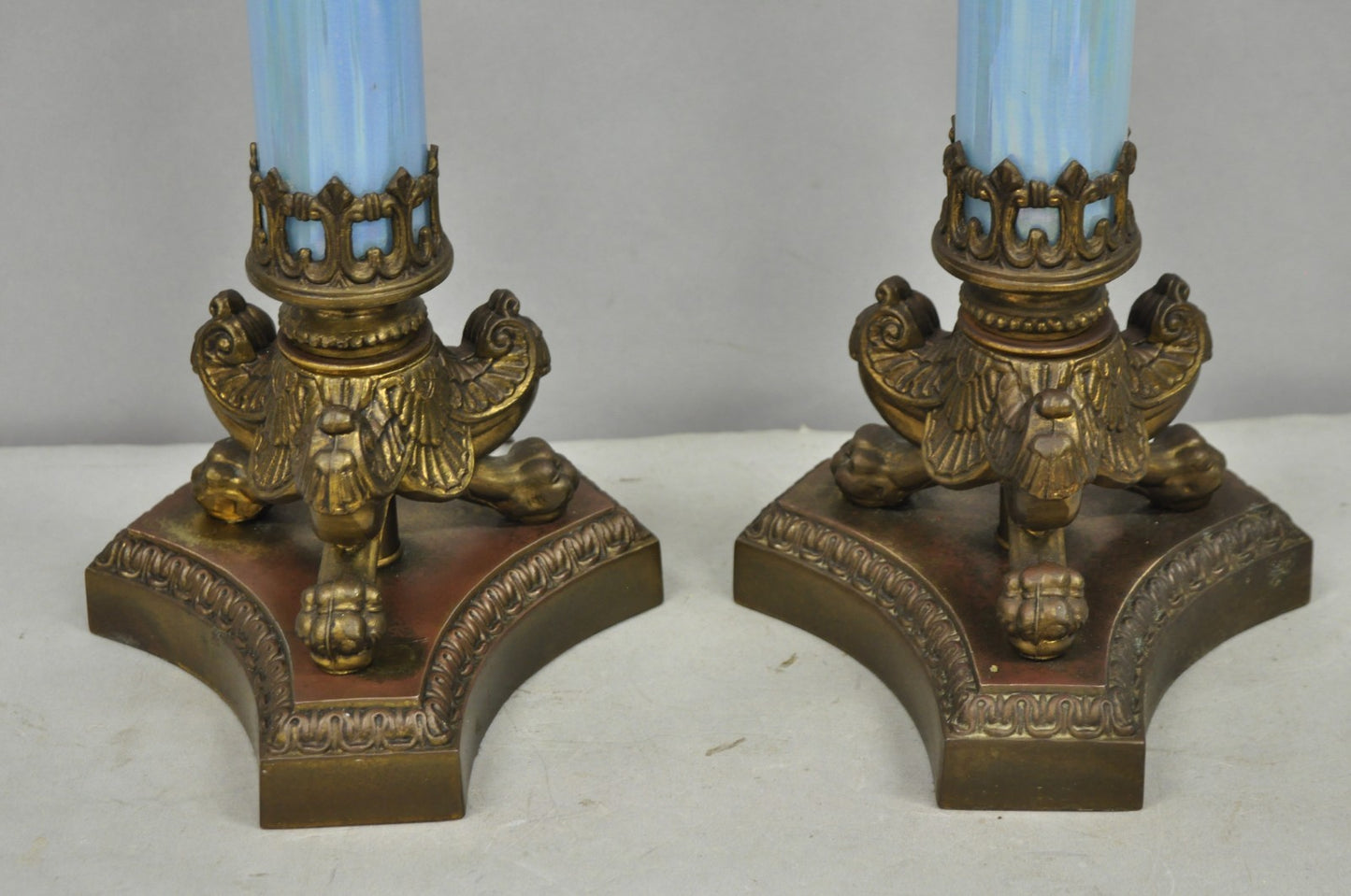 Vintage Italian Neoclassical Empire Iridescent Blue Glass Column Table Lamp Pair