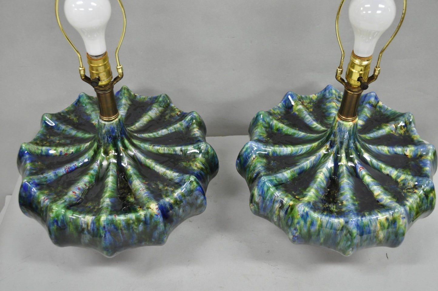 Vintage Mid Century Modern Blue Green Ceramic Table Lamps by Modernera - a Pair