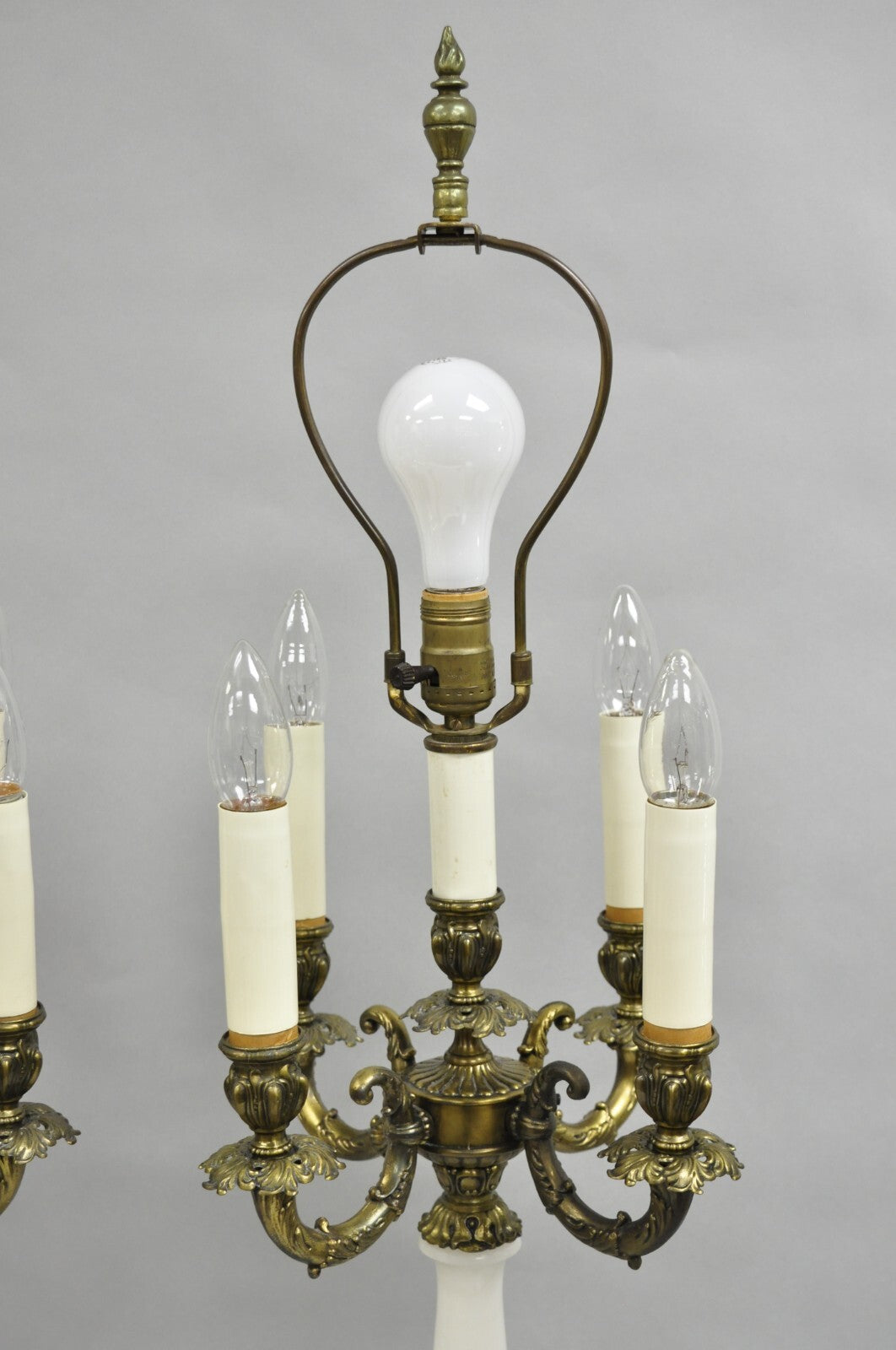 Vintage French Empire Alabaster Column Brass Metal Candelabra Table Lamps - Pair