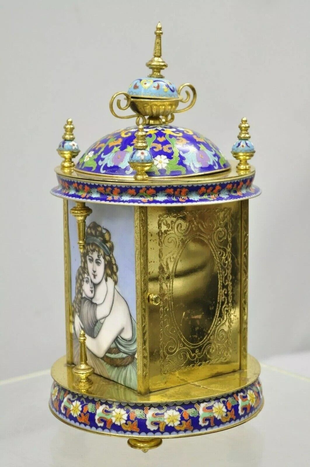 Vintage Chinese Cloisonne Brass Figural Porcelain Enamel Mantel Clock