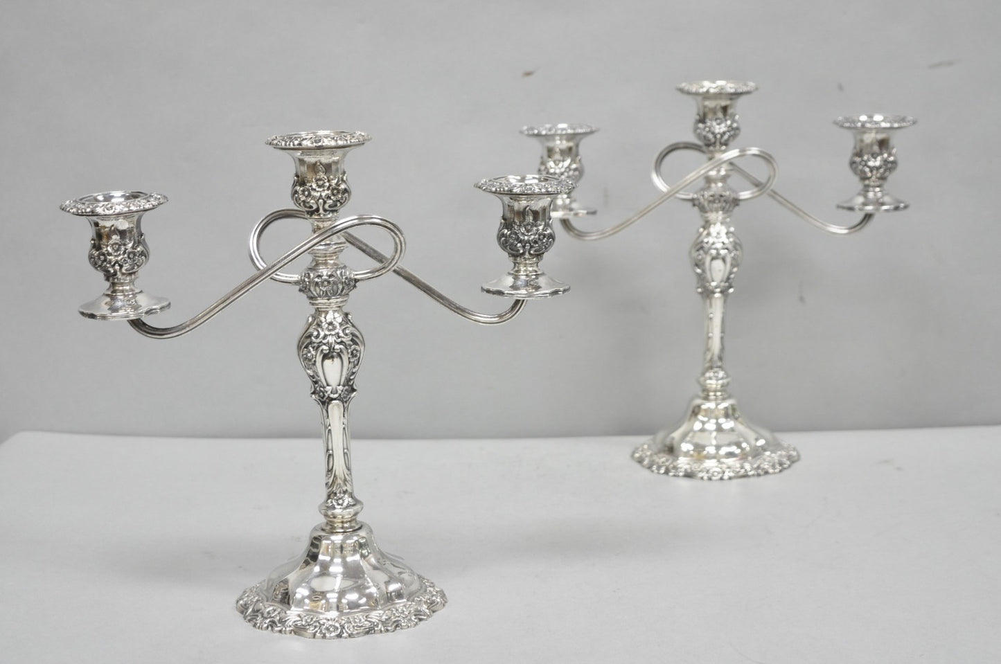 Vintage International Silver Co Countess Silver Plated 3 Arm Candelabra - Pair