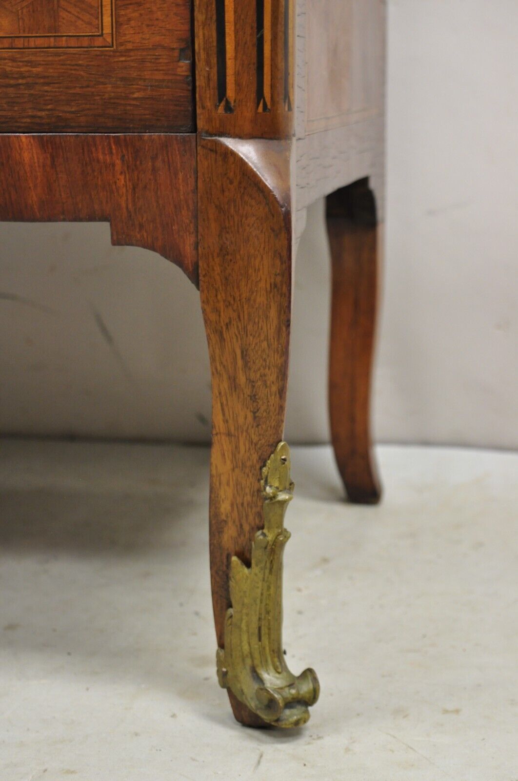 Antique French Louis XV Marquetry Inlay Marble Top Bronze Ormolu Commode Dresser