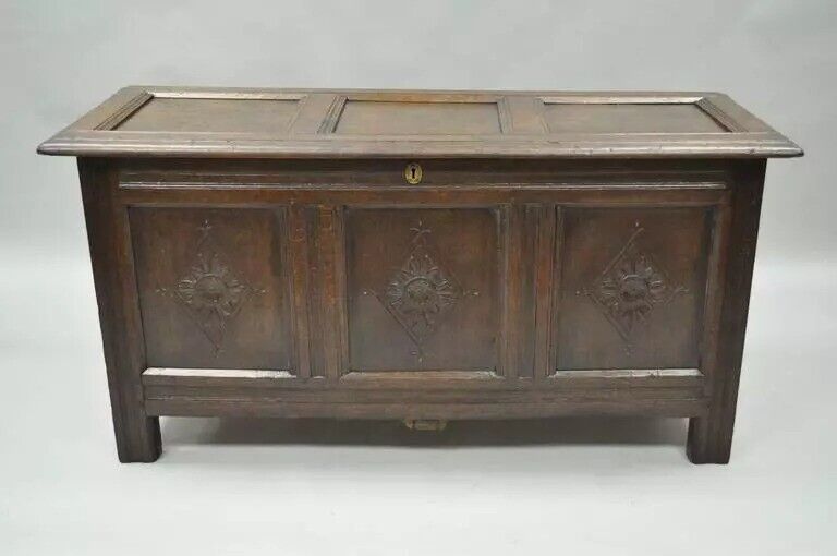 19th C. European Renaissance 3 Panel Solid Oak Wood Coffer Blanket Chest Trunk