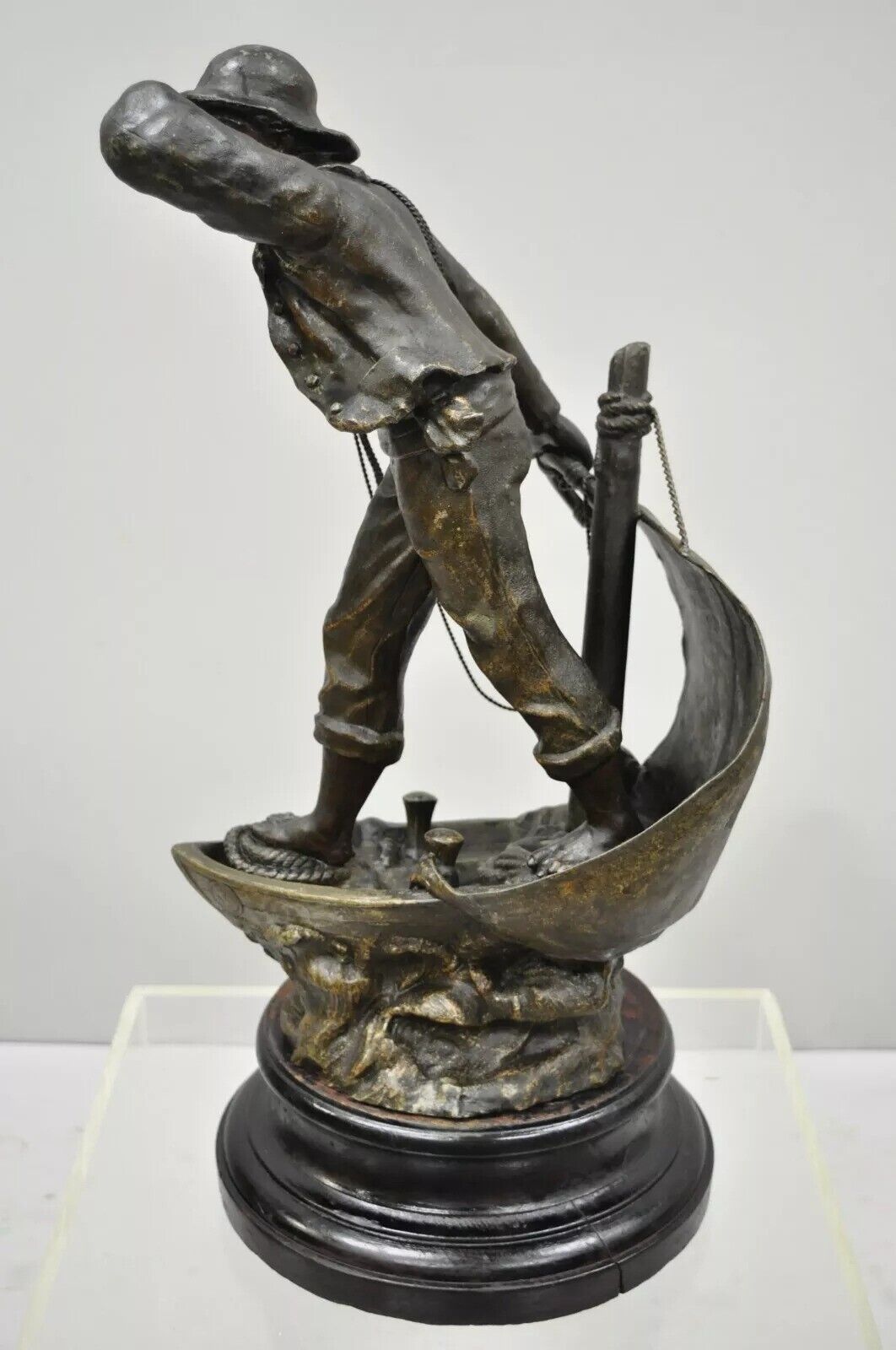 Antique French Spelter Metal Sailor Watchman on Ship Wooden Base, Made in France