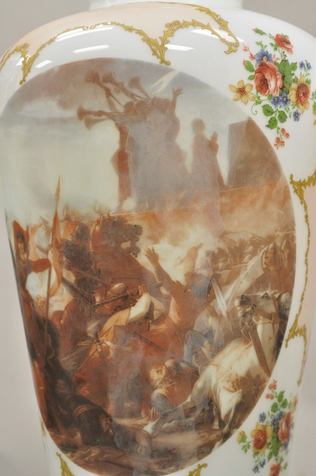 Vintage French Style Large White Blown Glass Transfer Scene Jar Vases - a Pair