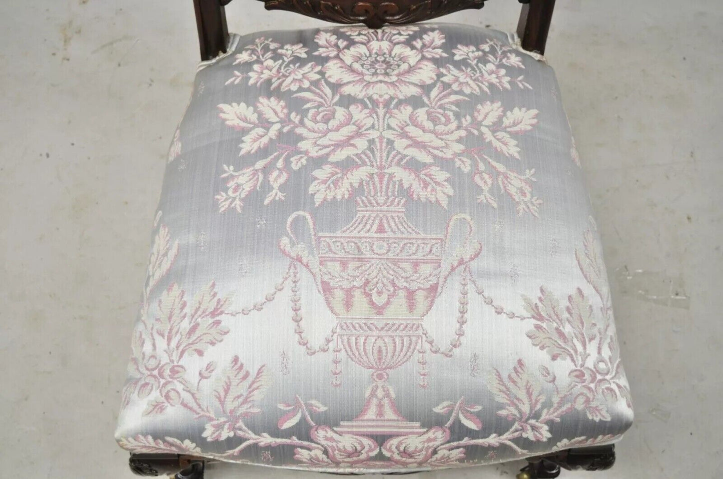 Antique Victorian Floral Scrollwork Carved Mahogany Parlor Accent Slipper Chair