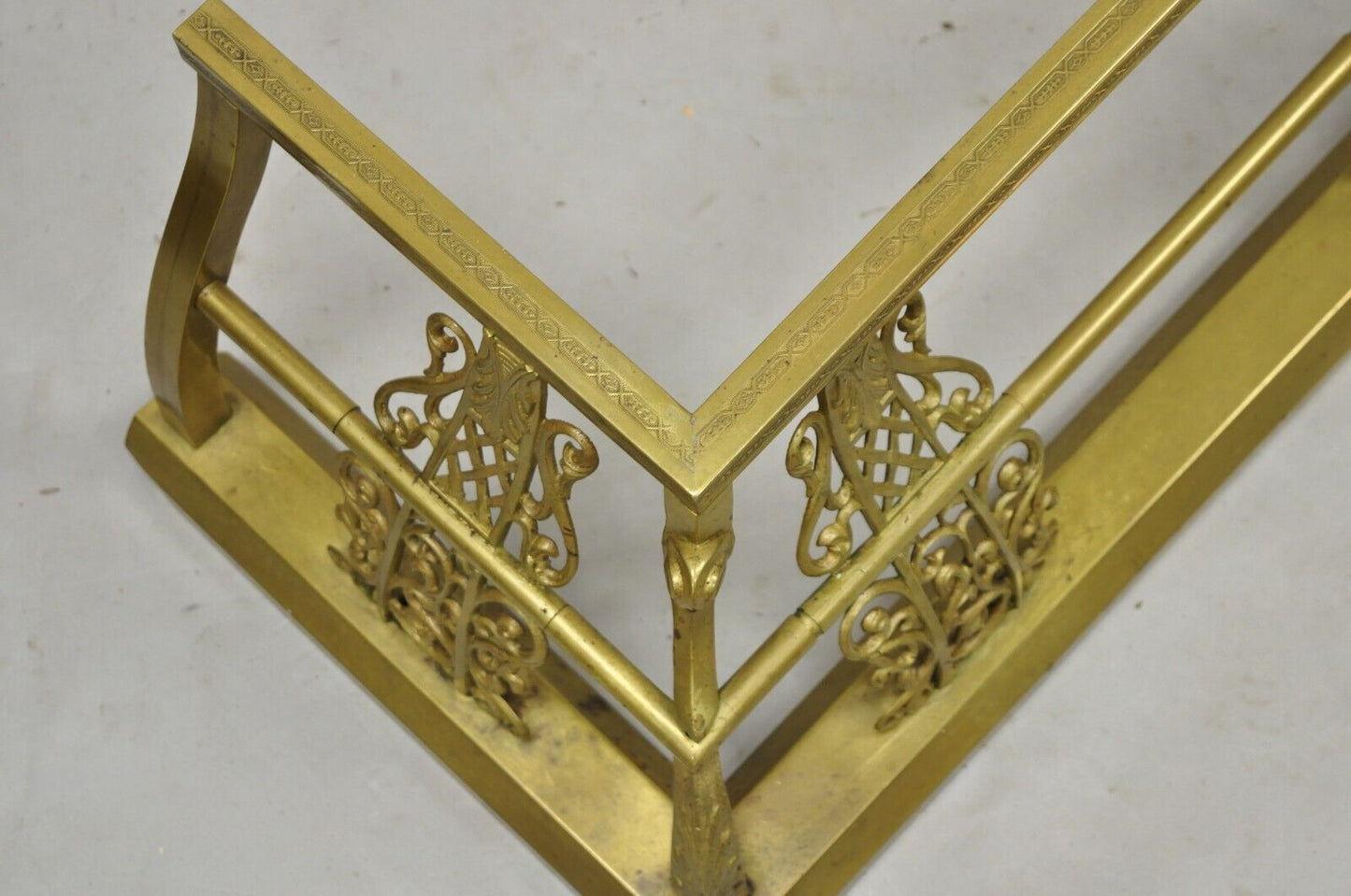 Antique 58" Victorian Brass Scroll Accented Fireplace Hearth Fender Surround
