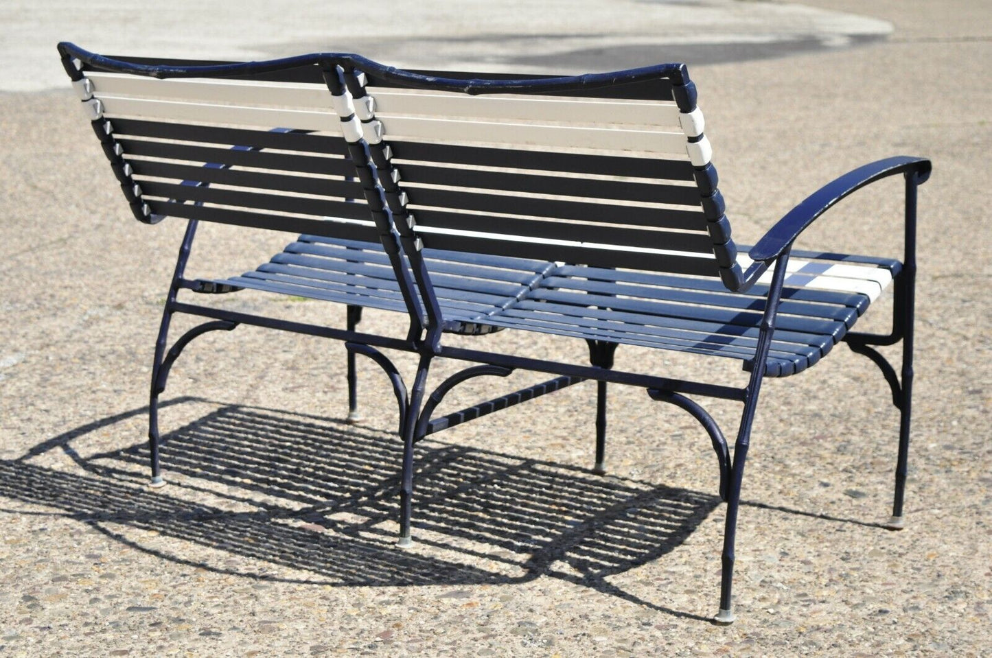 Vintage Faux Bamboo Aluminum Vinyl Strap Blue Garden Patio Loveseat Settee