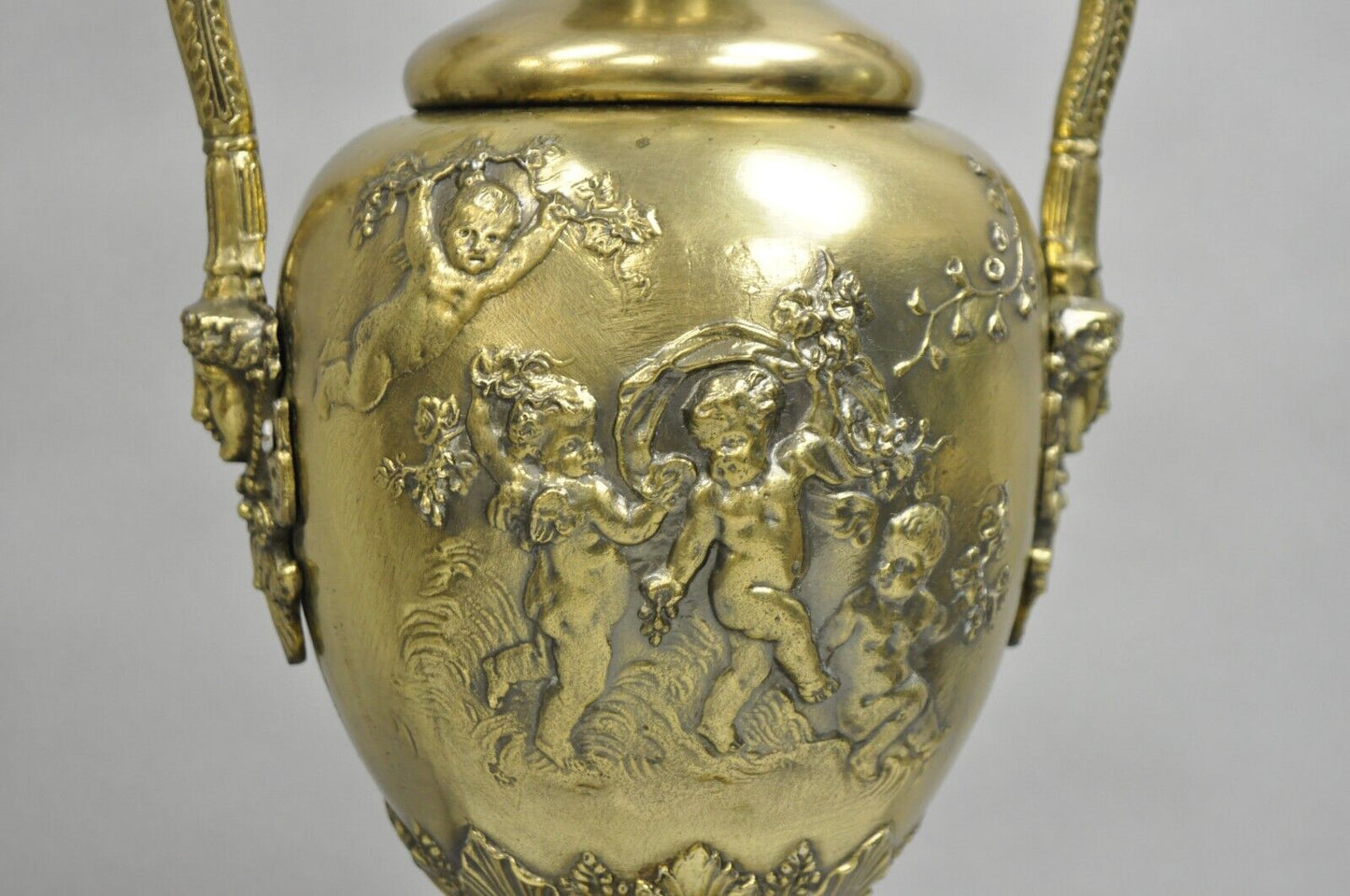 Vintage French Louis XV Renaissance Brass Figural Dancing Cherubs Urn Table Lamp