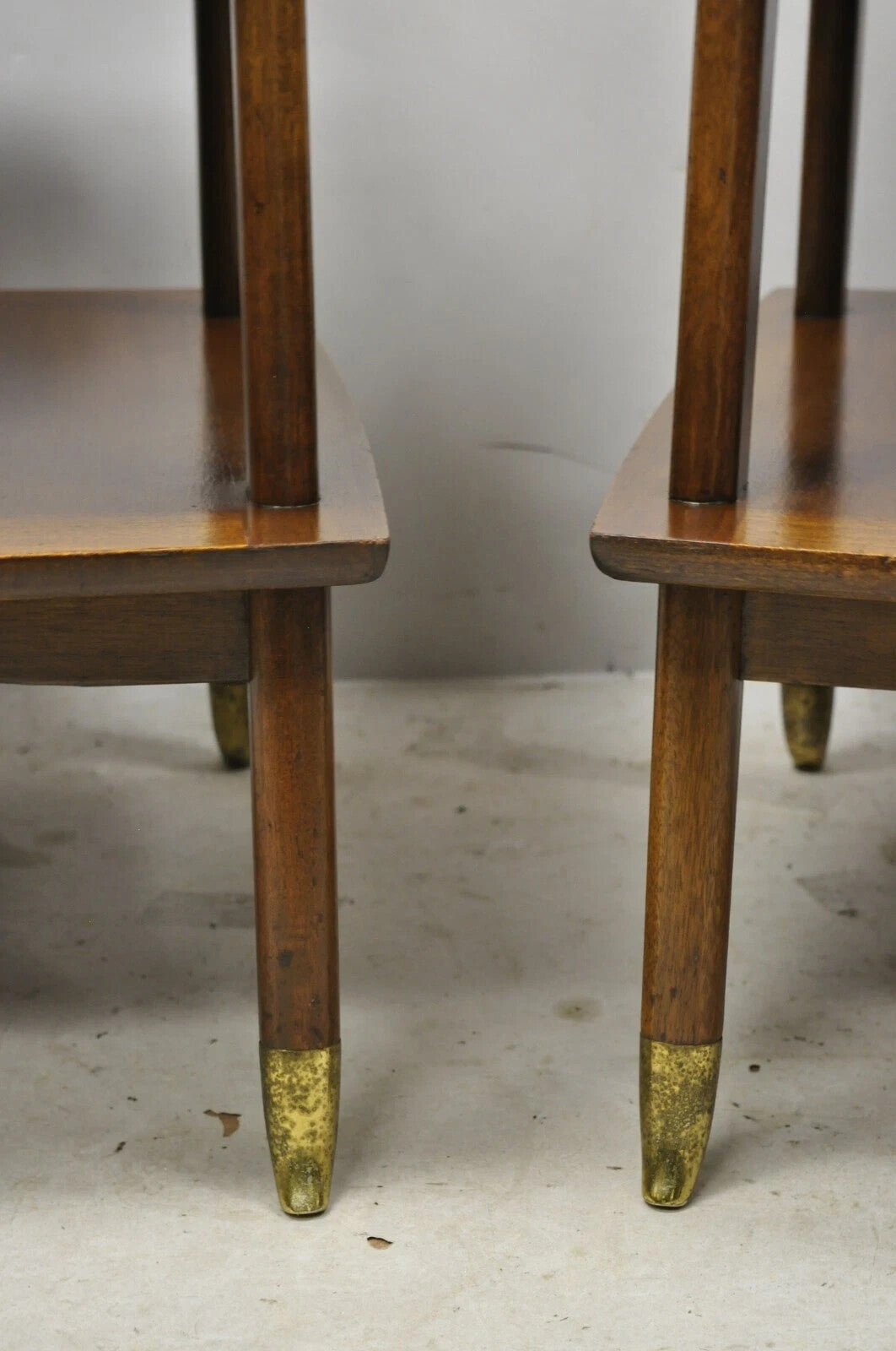Vintage Mid Century Modern Sculpted Walnut 2 Tier End Tables w Brass Feet - Pair