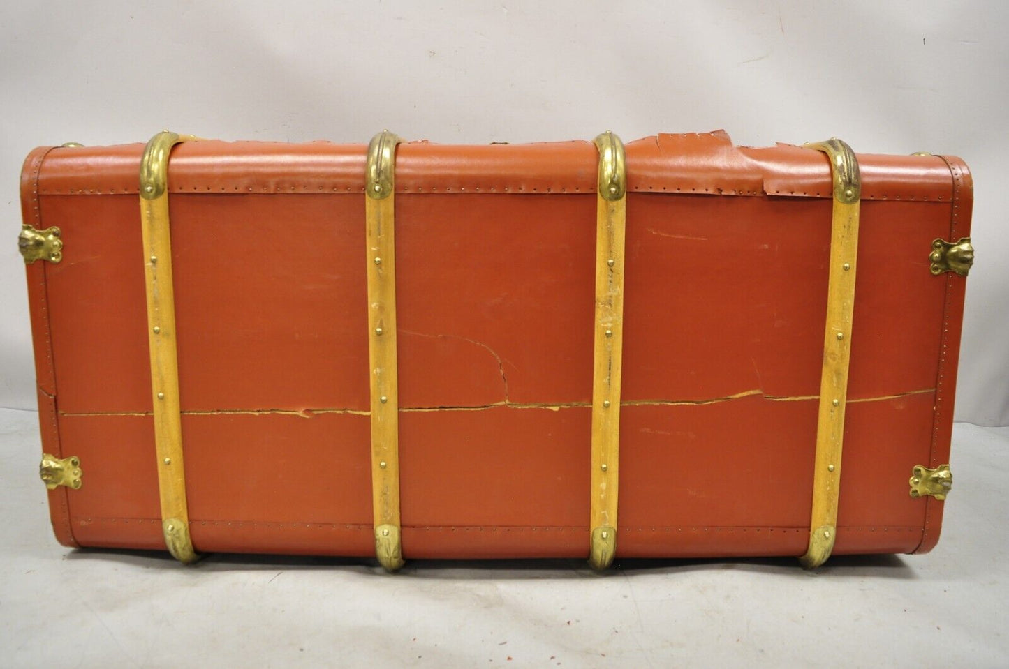 Antique Wooden Band Large Steamer Trunk Orange Ship Trunk Cunard Line Decals