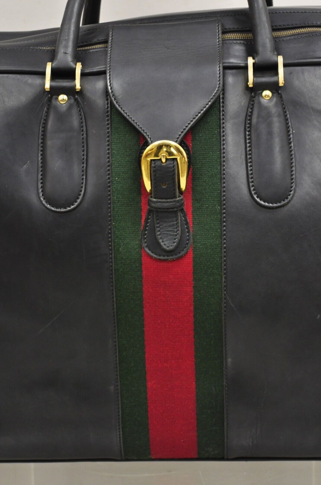 Vintage Gucci Large Black Leather Suitcase Luggage Travel Bag Green Red Webbing