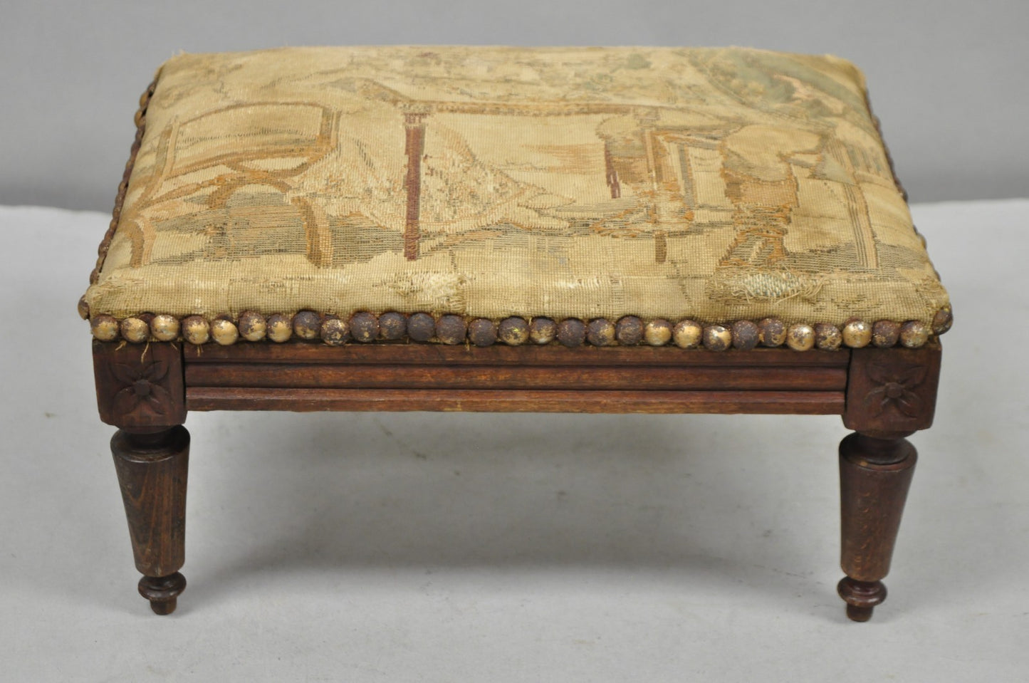 Antique French Country Louis XVI Carved Walnut Small Petite Footstool Ottoman