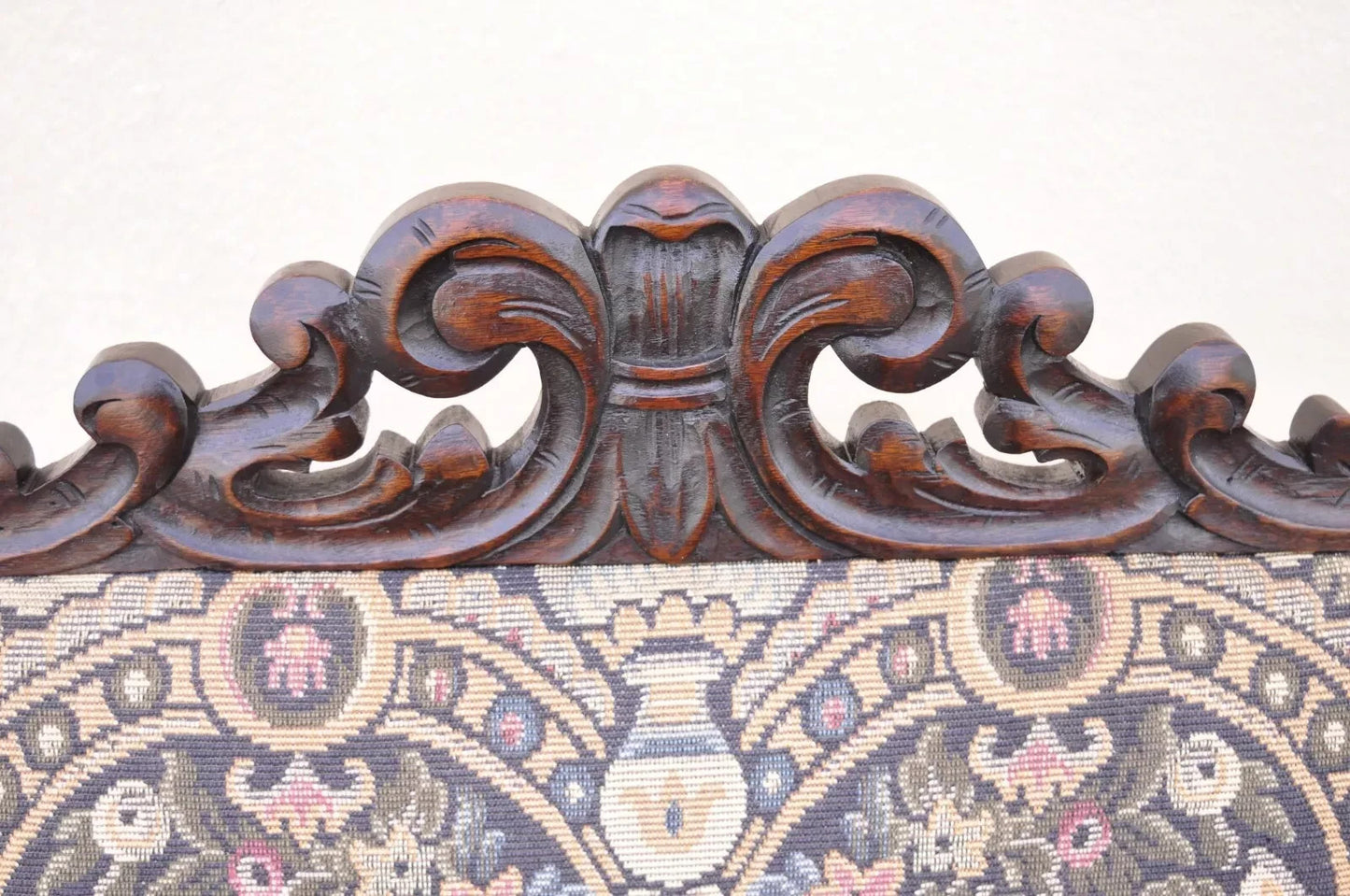 Antique Italian Renaissance Baroque Tapestry Carved Walnut Throne Arm Chair