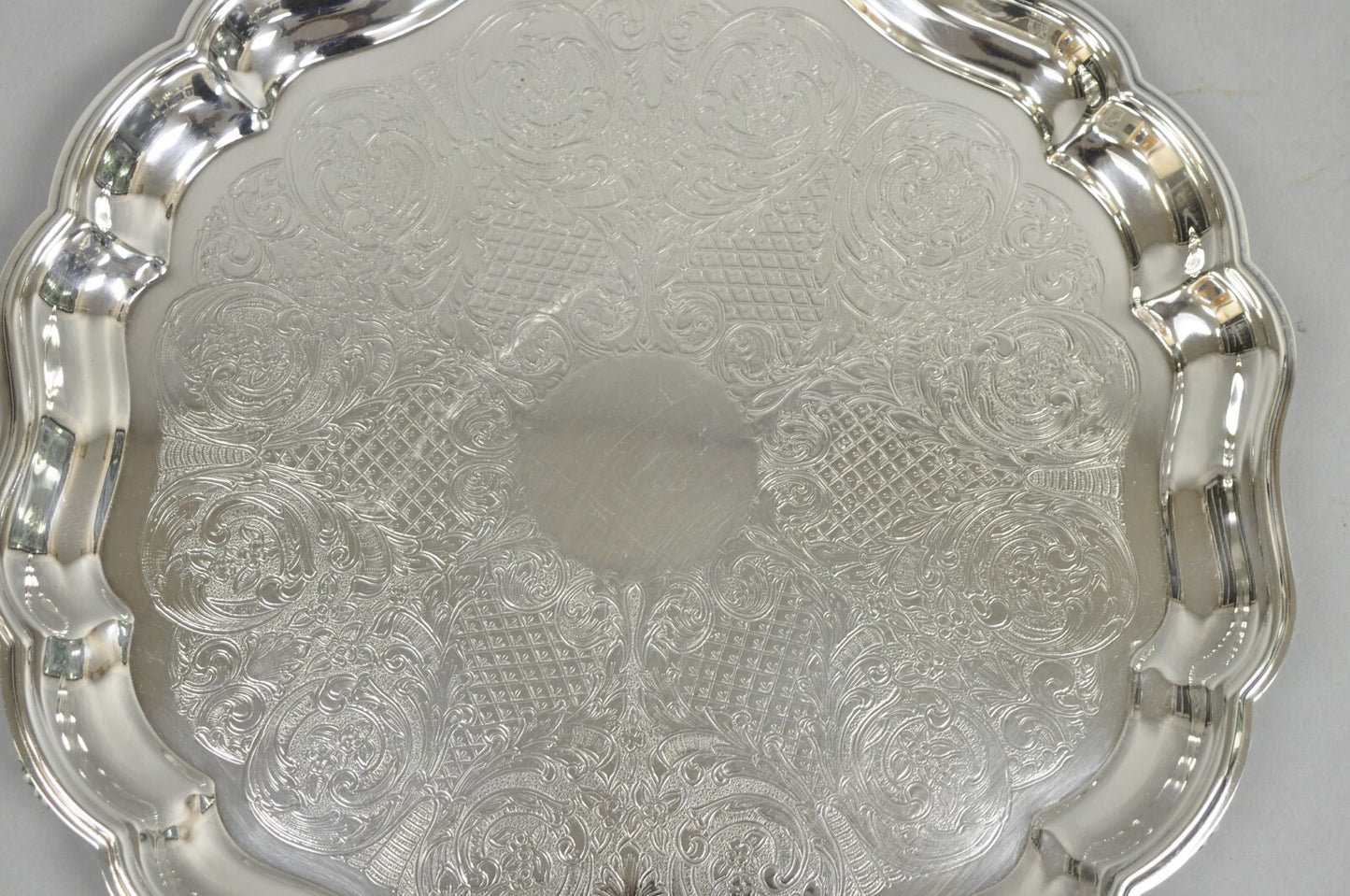 Vintage Sheridan Victorian Silver Plated Footed Round Serving Platter Bar Tray