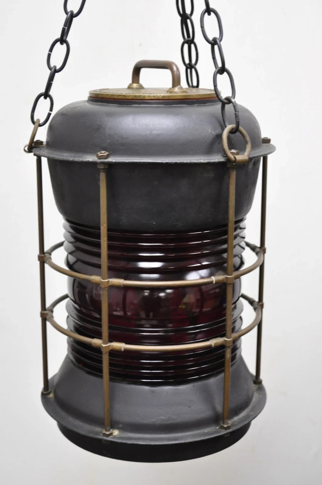 Antique Durkee Marine Ship Lantern Fixture Red Fresnel Pendant Chandelier (A)