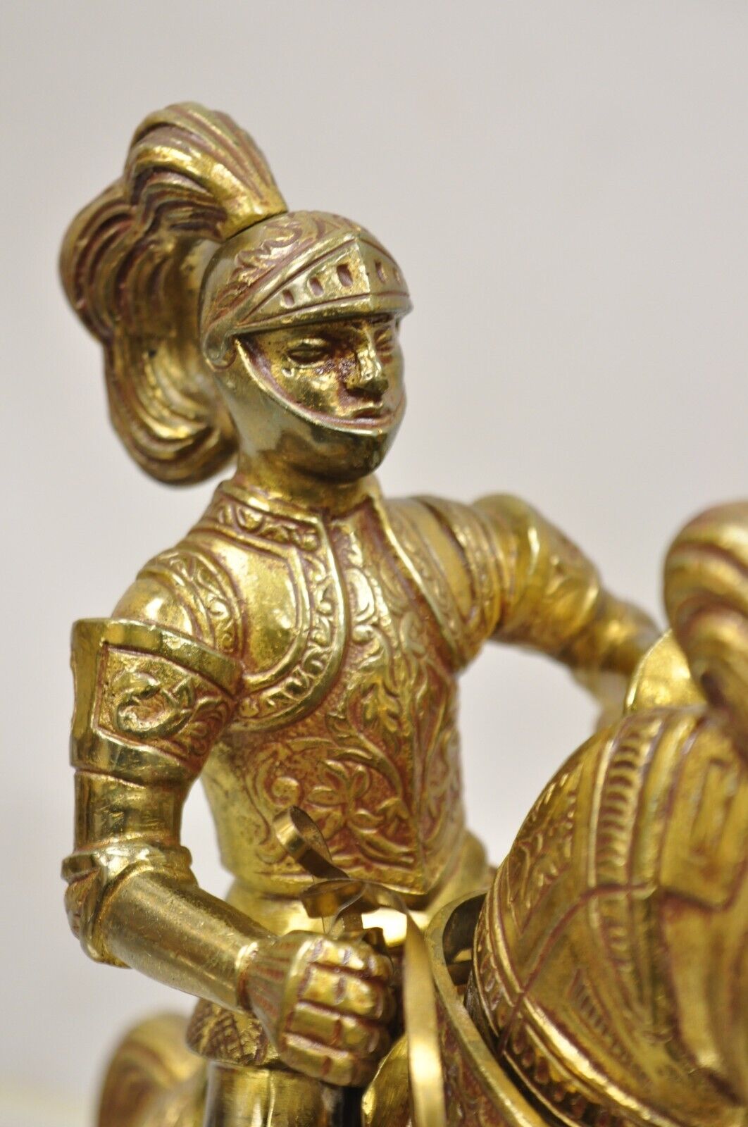 Cast Metal Marble Base Renaissance Style Gothic Soldier on Horse Statue Figure