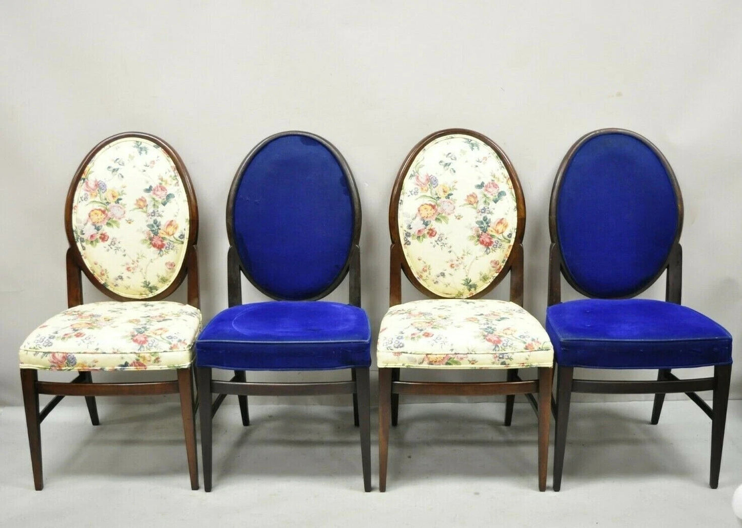 French Art Deco Oval Upholstered Back Mahogany Wood Frame Dining Chairs - a Pair