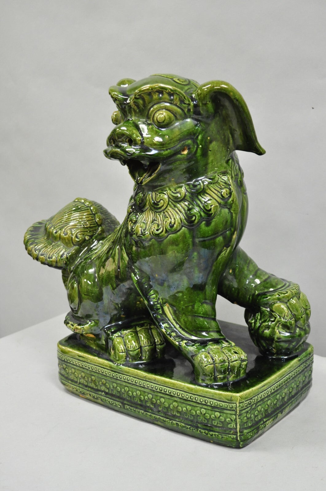 Vintage Chinoiserie Green Majolica Glazed Ceramic 22" Chinese Foo Dog Statue
