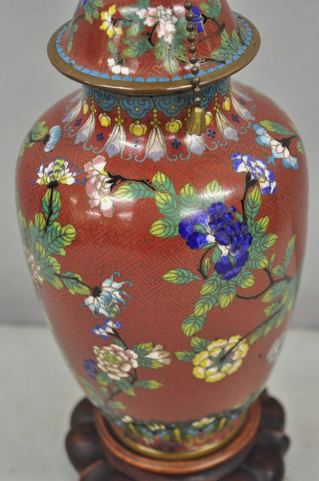 Vintage Chinese Porcelain Enamel Bronze Red Cloisonne Champleve Vase Table Lamp