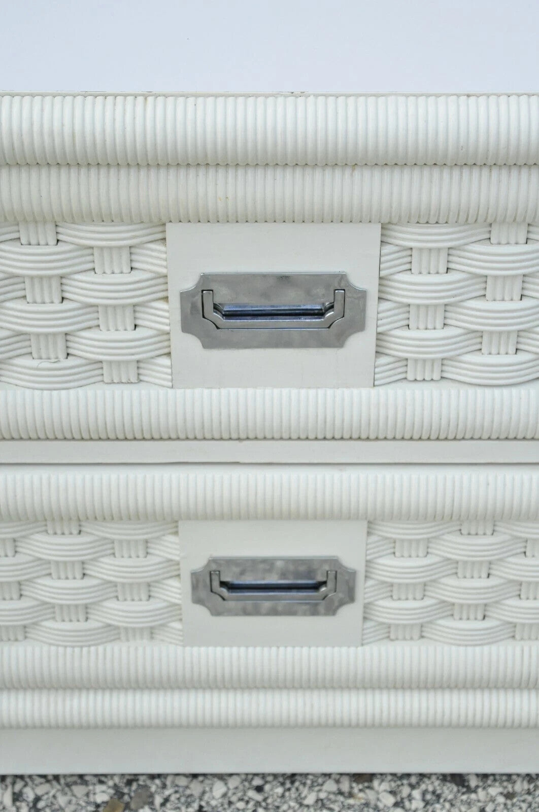 Vintage Hollywood Regency White Rattan Campaign Style Nightstands by Dixie Pair
