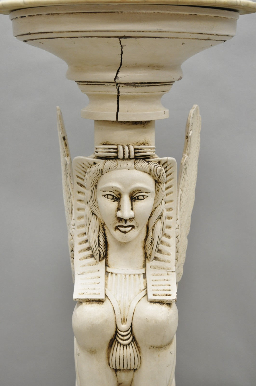 Vintage Egyptian Female Sphinx Round Marble Top Carved Wood Pedestal Plant Stand