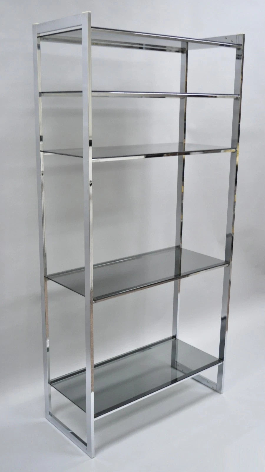 Mid Century Modern Baughman Style Chrome Smoked Glass Etagere Bookcase Shelf