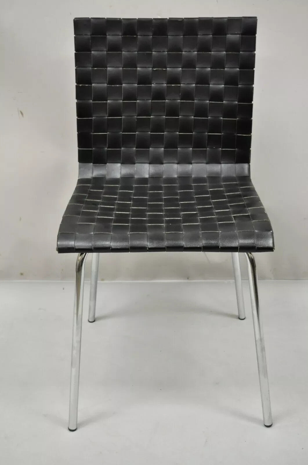 Contemporary Modern Black Woven Leather Chrome Frame Dining Chairs - Set of 4