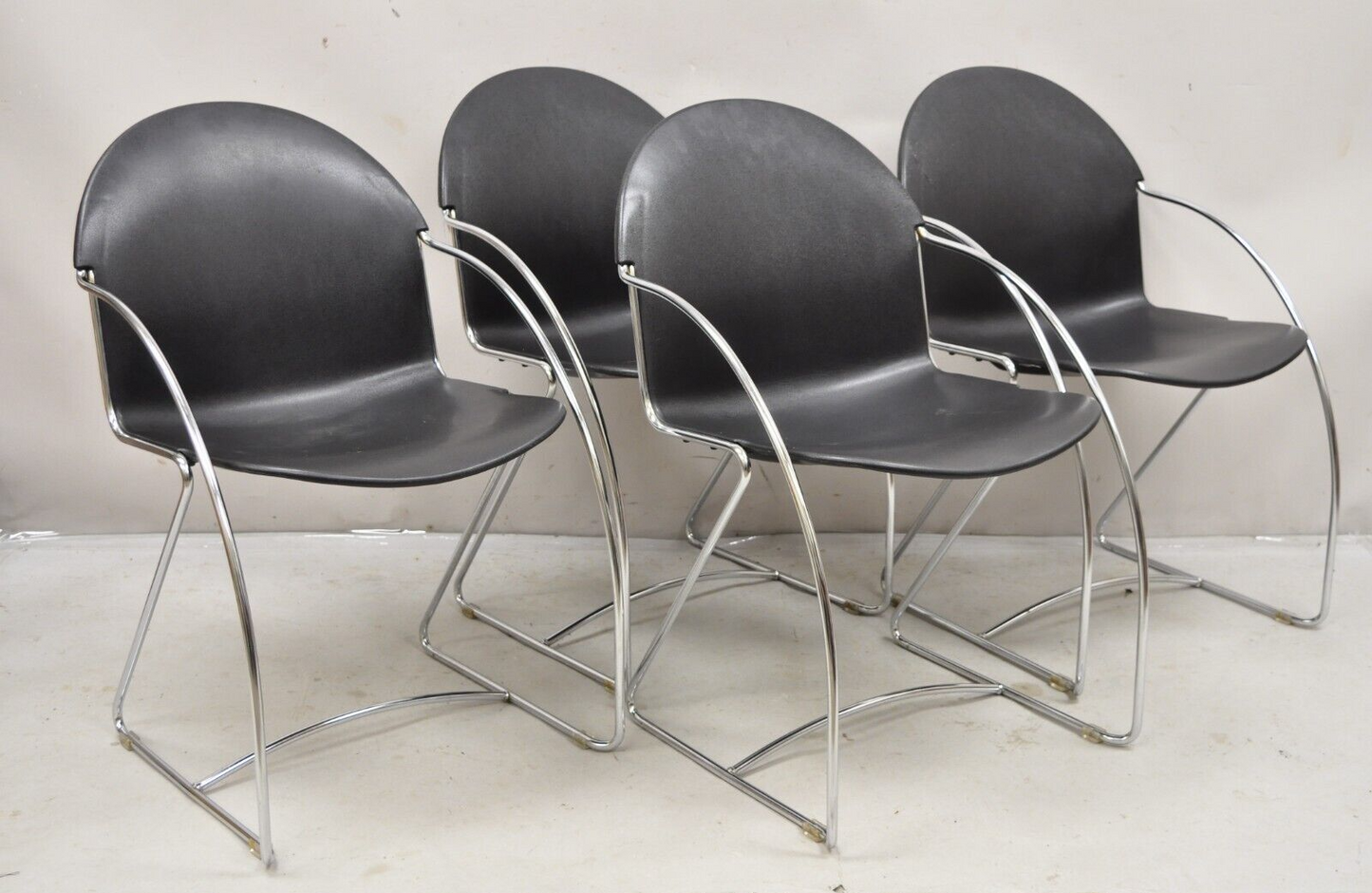 Steelcase Tom Grasman Chrome Frame Black Molded Plastic Stackable Chair Set of 4