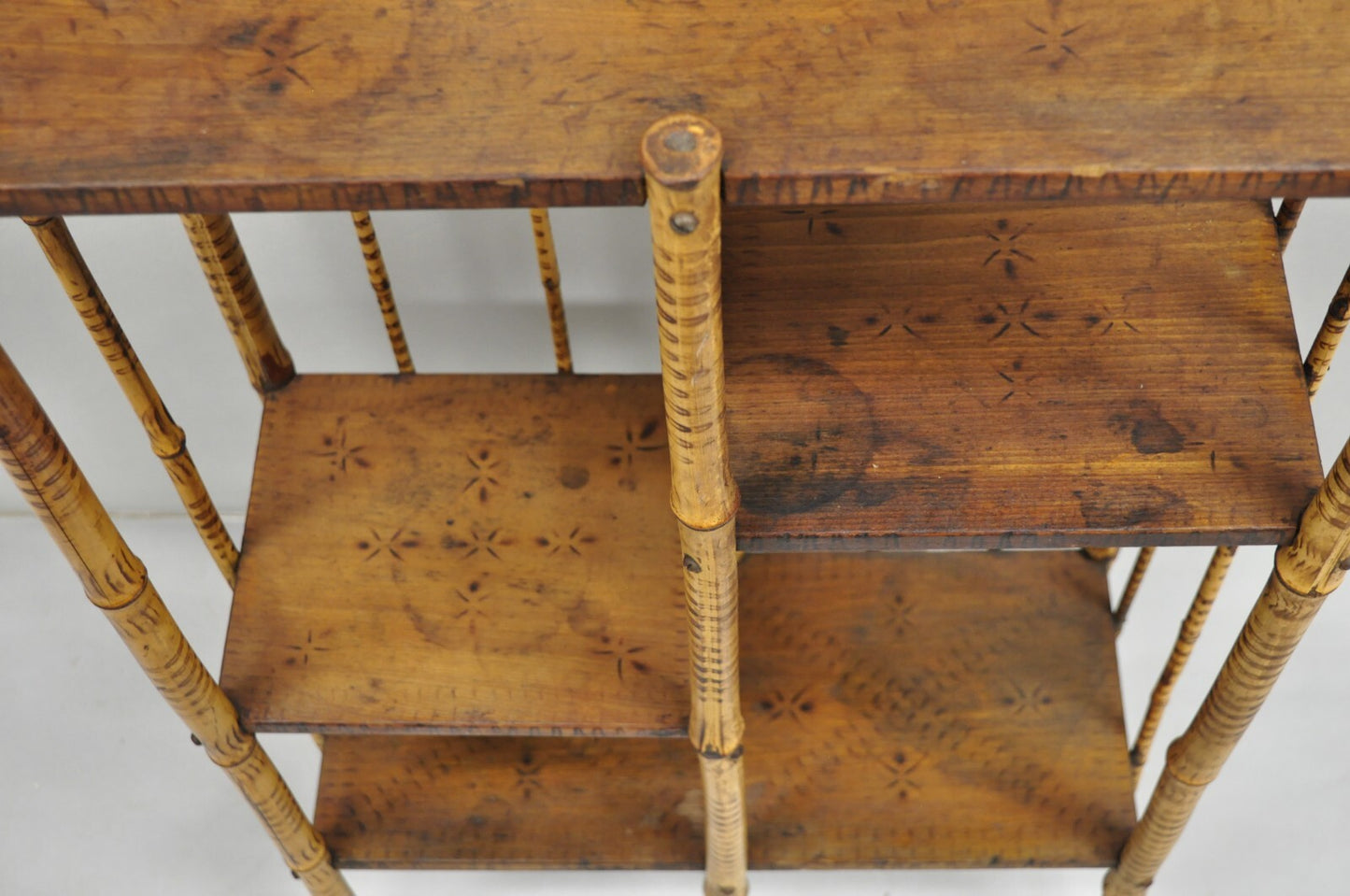 Antique English Victorian Stick and Ball Burnt Bamboo Curio Etagere Shelf Mirror