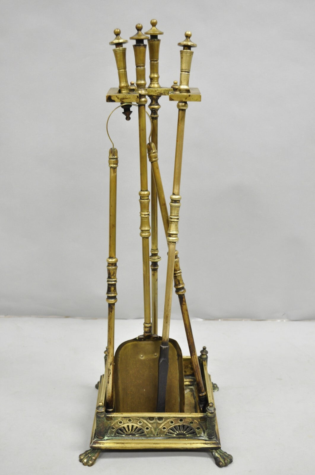 Antique English Art Nouveau Brass Paw Foot Fireplace Tool Set - 4 Pc Set