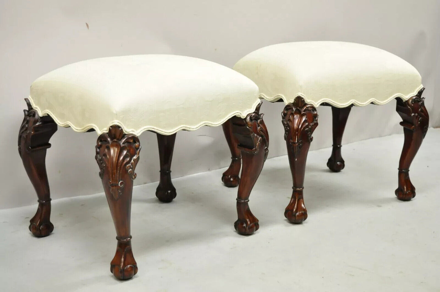 English Georgian Chippendale Style Carved Mahogany Ball and Claw Stools - Pair