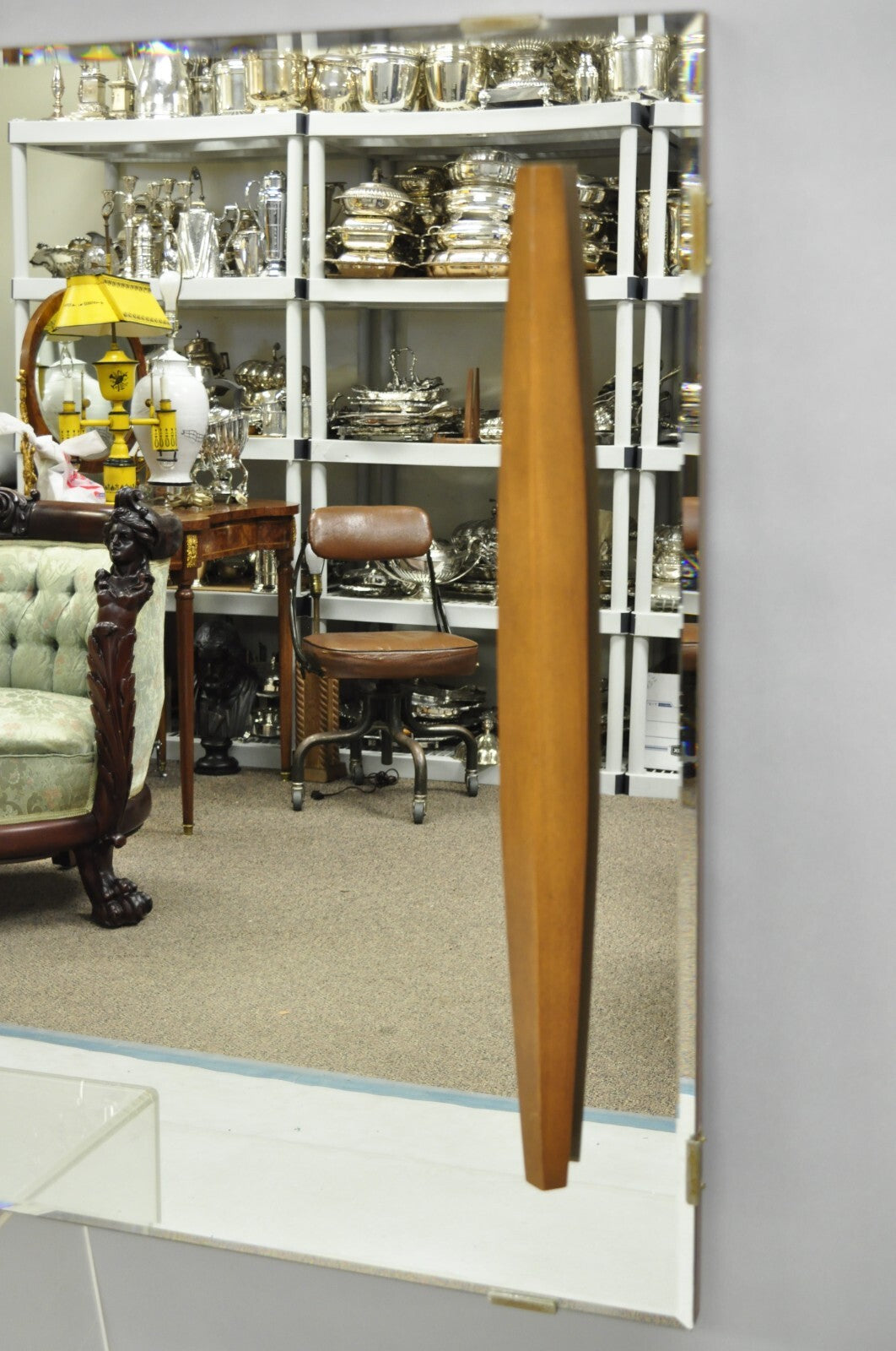 Vintage Mid Century Modern Large Wall Mirror with Raised Sculpted Walnut Accents