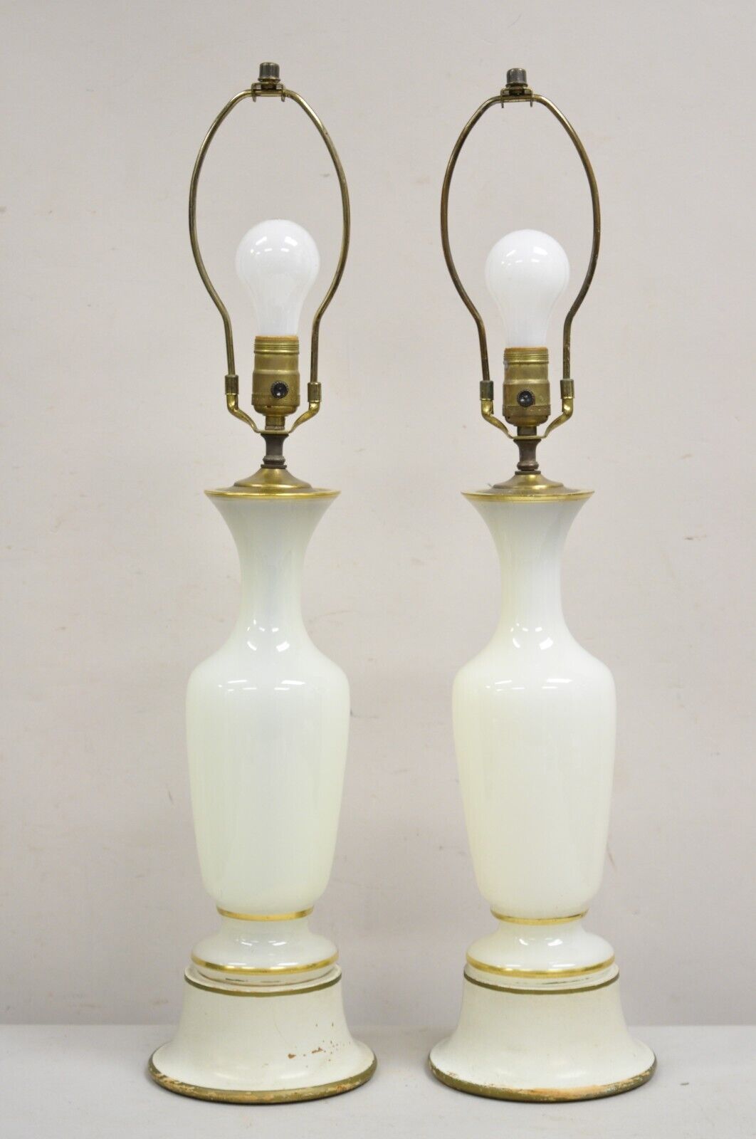 Vintage French Neoclassical Style Opaline Vaseline Glass Table Lamps - A Pair