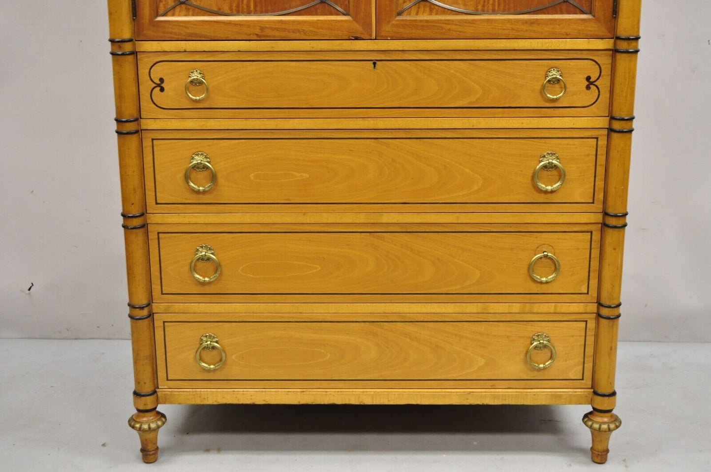 Vintage Kittenger Regency Neoclassical Satinwood & Rosewood Tall Chest Dresser