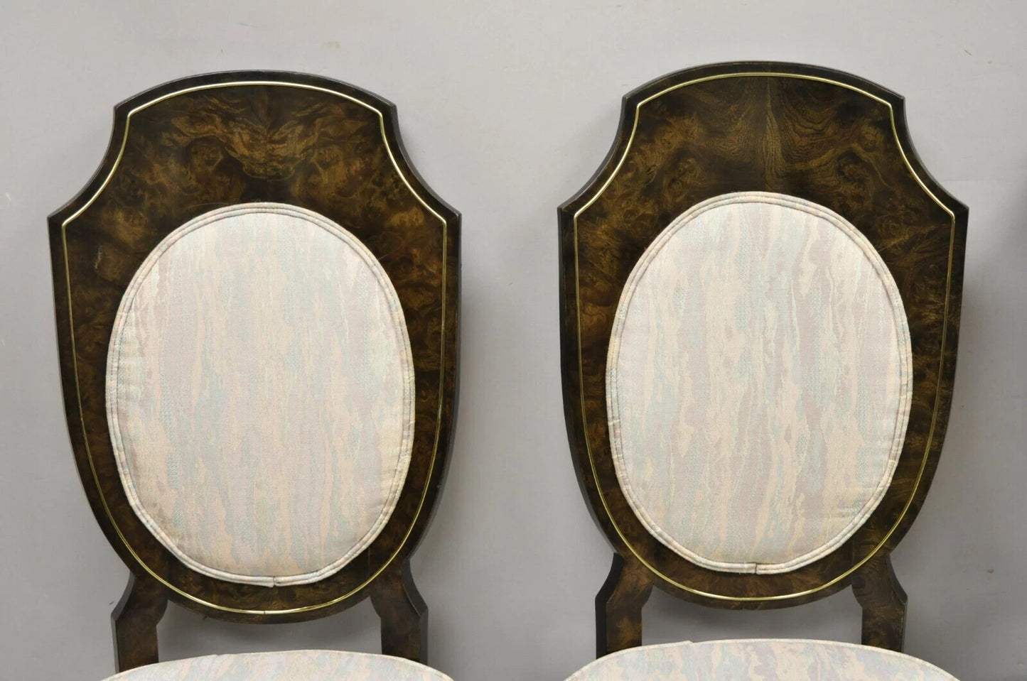 Mastercraft Modern Amboyna Wood Brass Trim Oval Back Dining Chairs - Set of 4