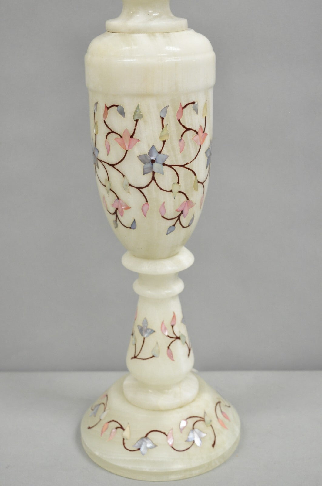 Vintage Italian Hollywood Regency Alabaster Table Lamp w/ Stone Floral Inlay